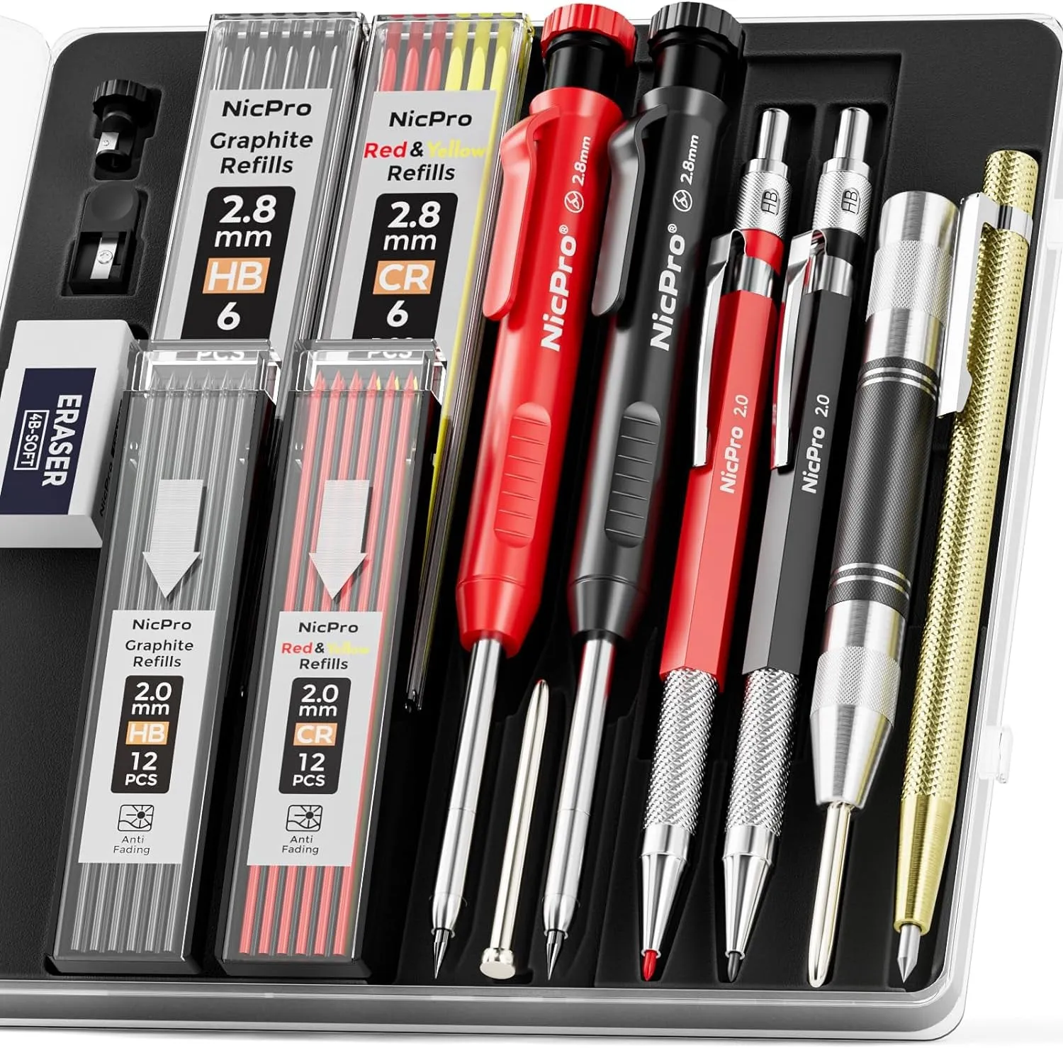 15 Pack Carpenter Pencil Set with Sharpener, Mechanical Carpenter Pencils with 40 Refill, Automatic Center Puncha and Carbide Scribe Tool, Heavy Duty Construction Pencil for Architect-With Case