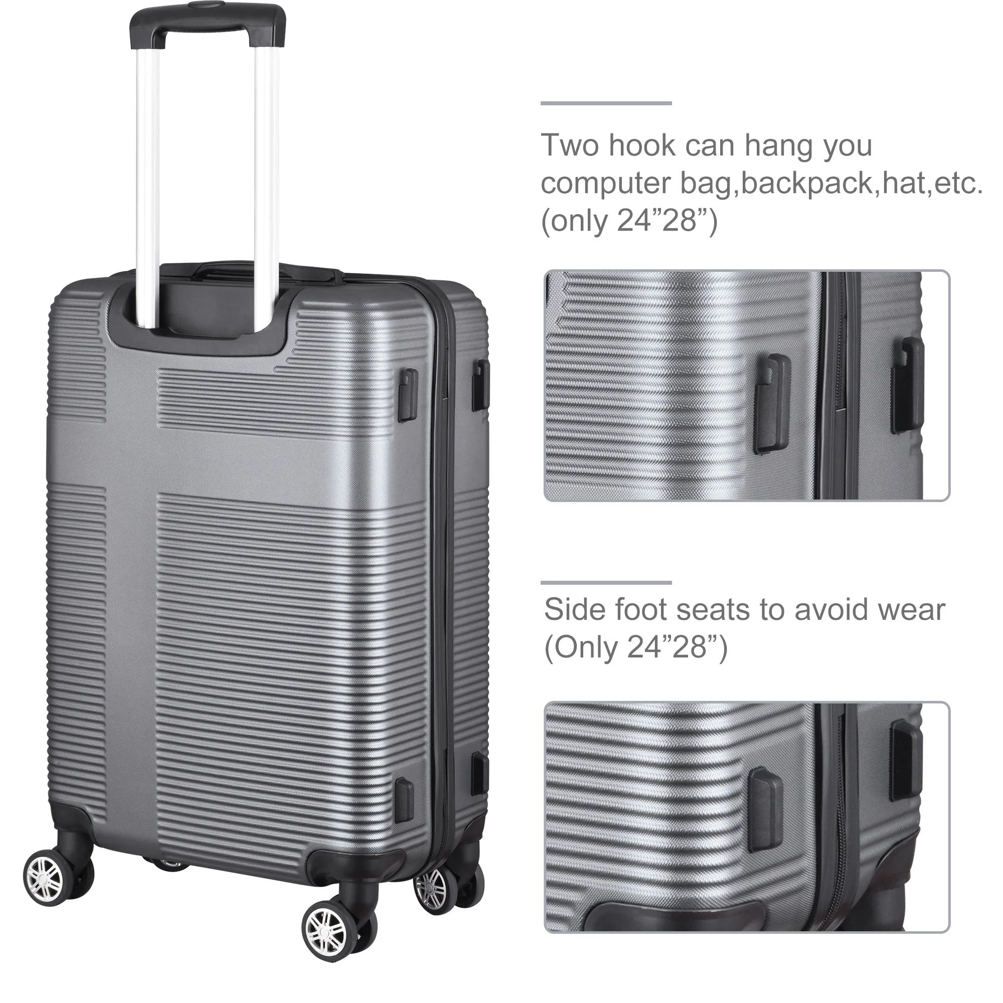 3 Piece Luggage With Tsa Lock Abs, Durable Luggage Set, Lightweight Suitcase With Hooks, Spinner Wheels Cross Stripe Luggage Sets