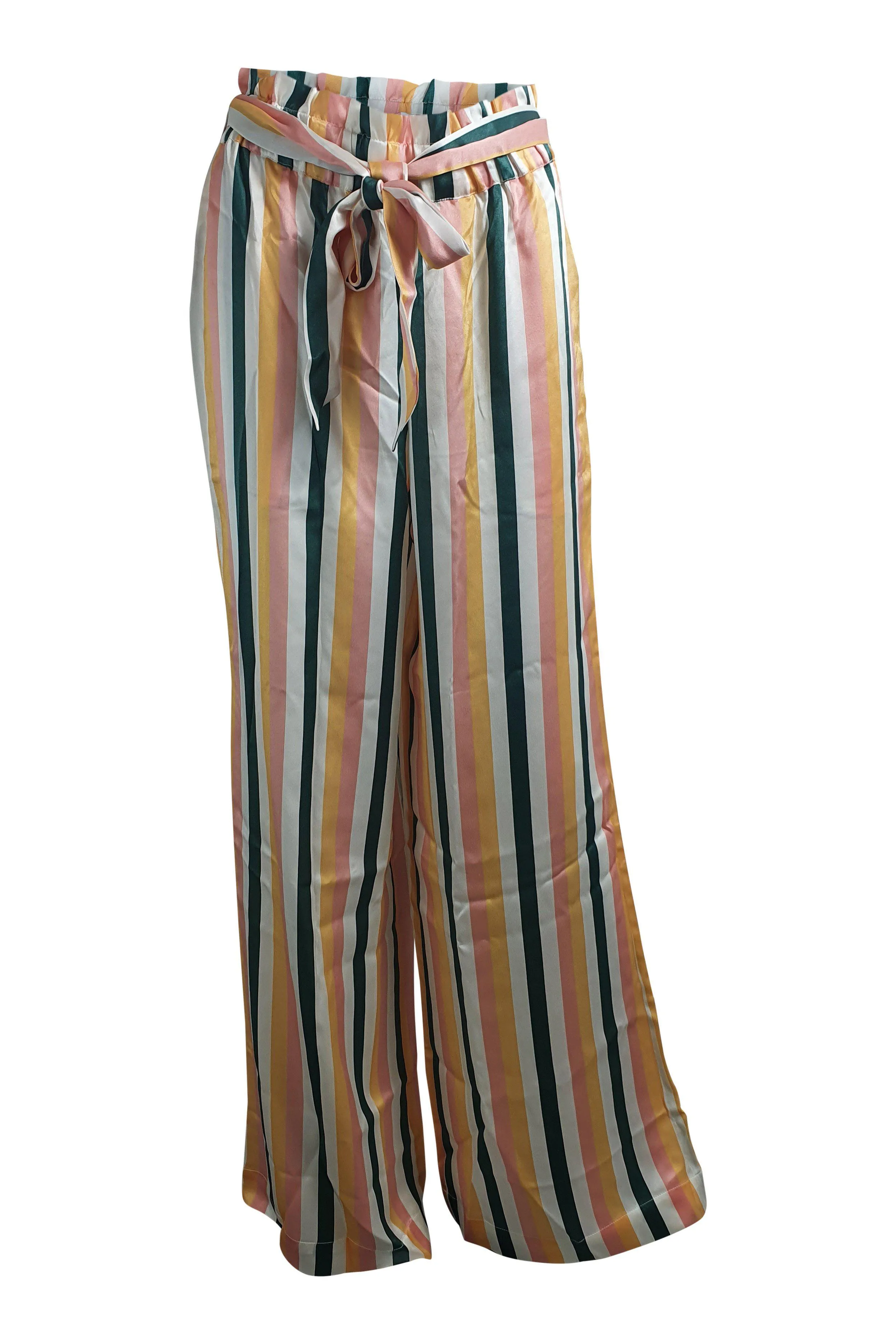 ASCENO 100% Silk Multi Stripe Wide Leg Palazzo Pants (M)