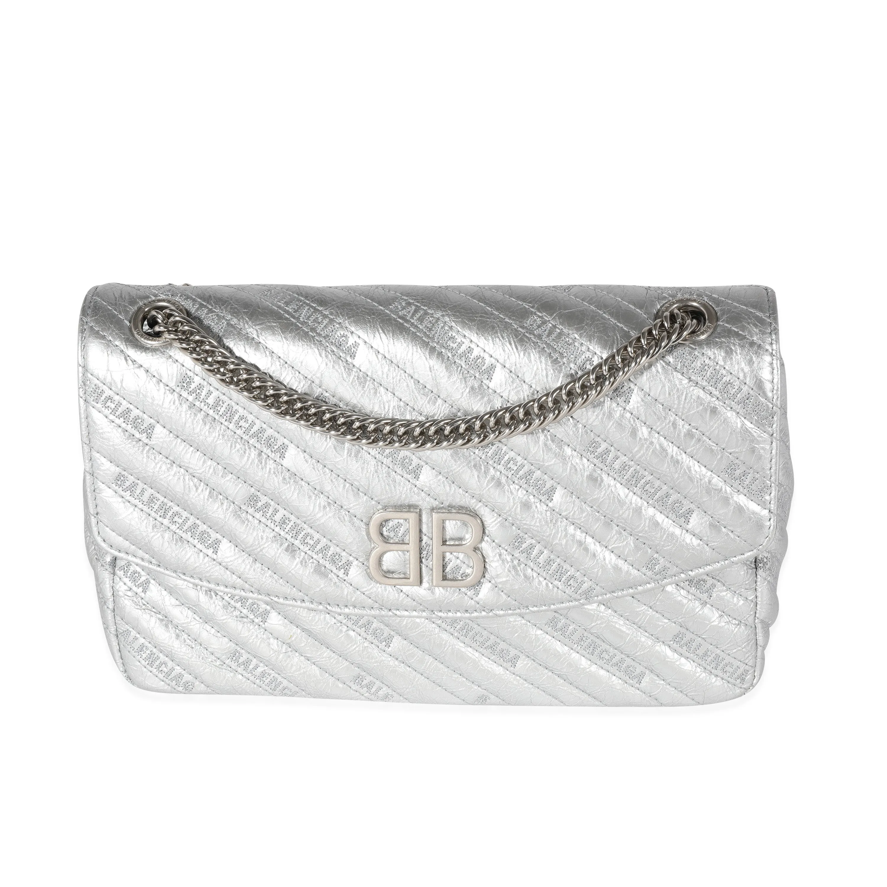 Balenciaga Silver Embossed Quilted Leather BB Round Large Flap Bag