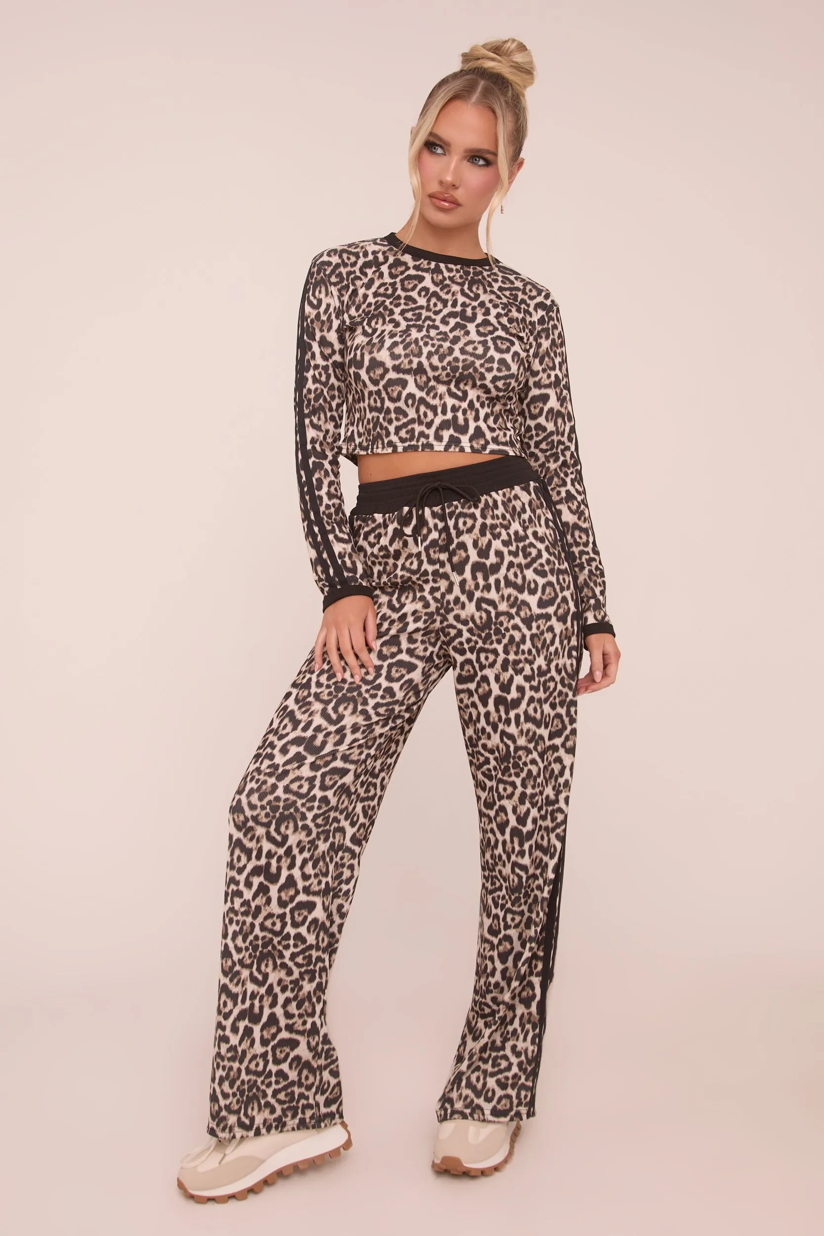 Black Leopard Print Crop Top & Straight Leg Trousers Co-ord Set - Kurt