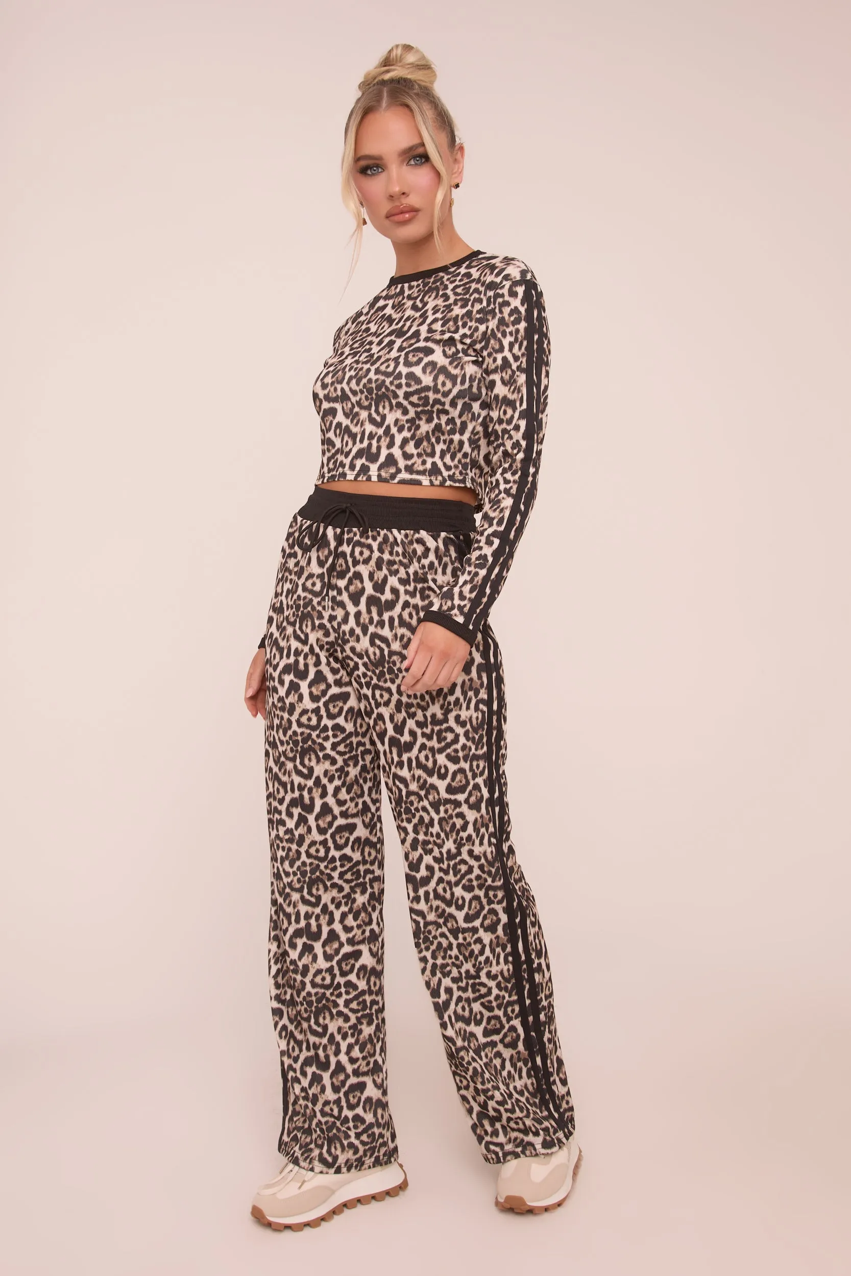 Black Leopard Print Crop Top & Straight Leg Trousers Co-ord Set - Kurt