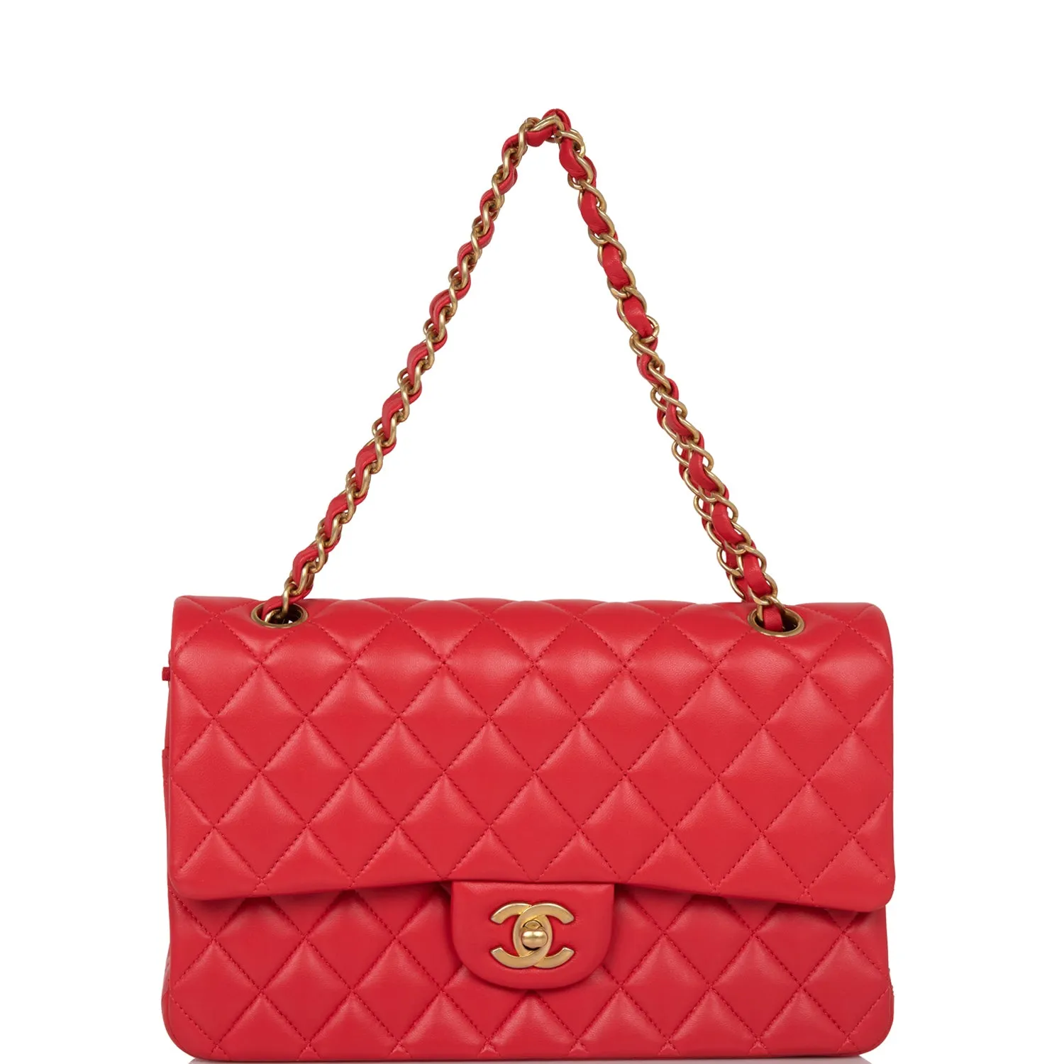 Chanel Medium Classic Double Flap Bag Red Lambskin Antique Gold Hardware