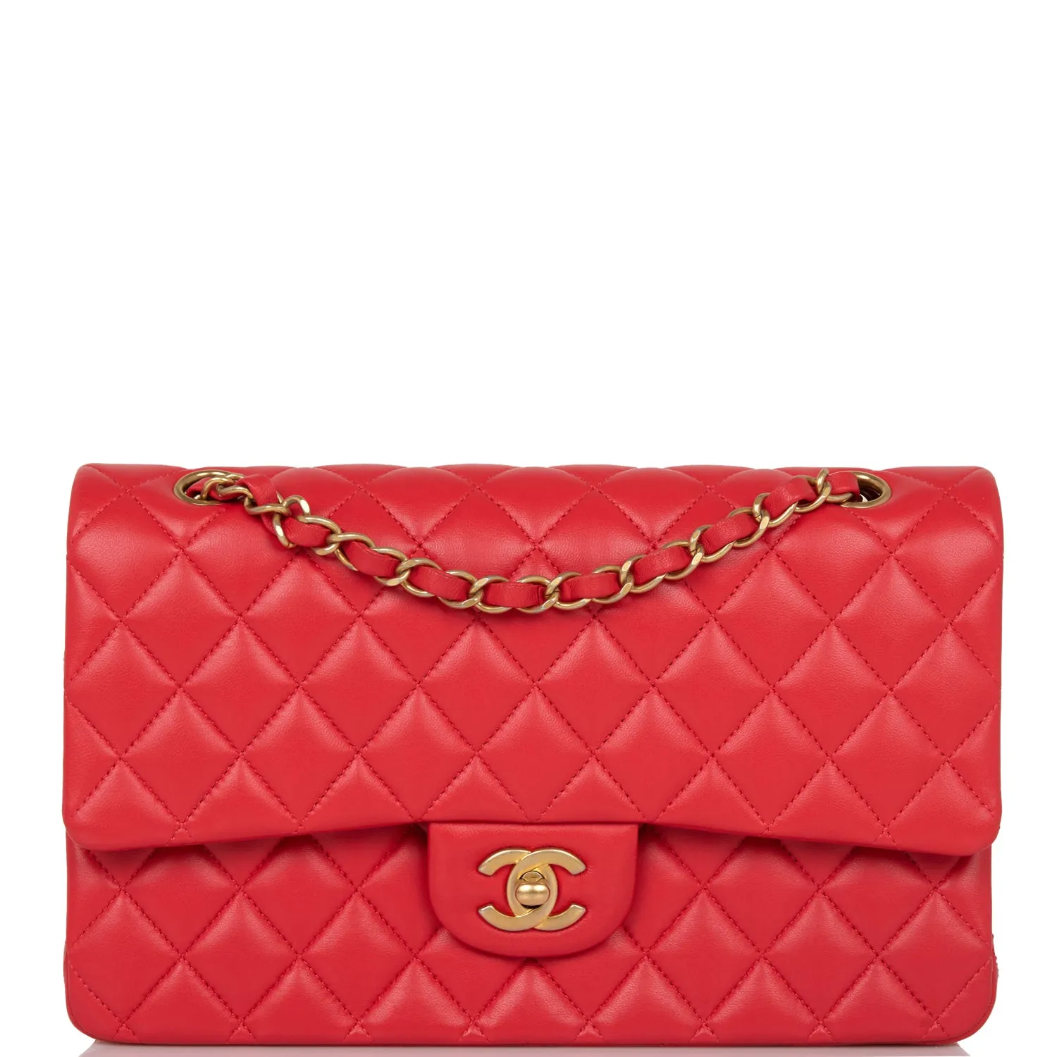 Chanel Medium Classic Double Flap Bag Red Lambskin Antique Gold Hardware