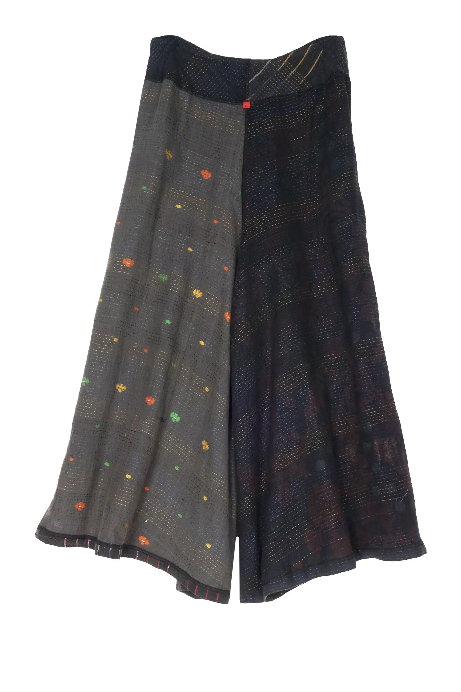 COTTON SILK SW PATCH KANTHA WIDE LEG SHORT PANTS - ws2624-blk -