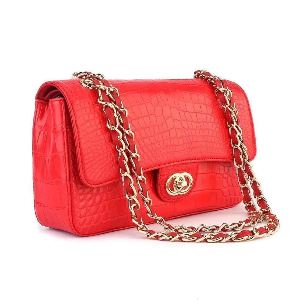 Crocodile  Leather Classic Flap Chain Shoulder Bags For Women Red