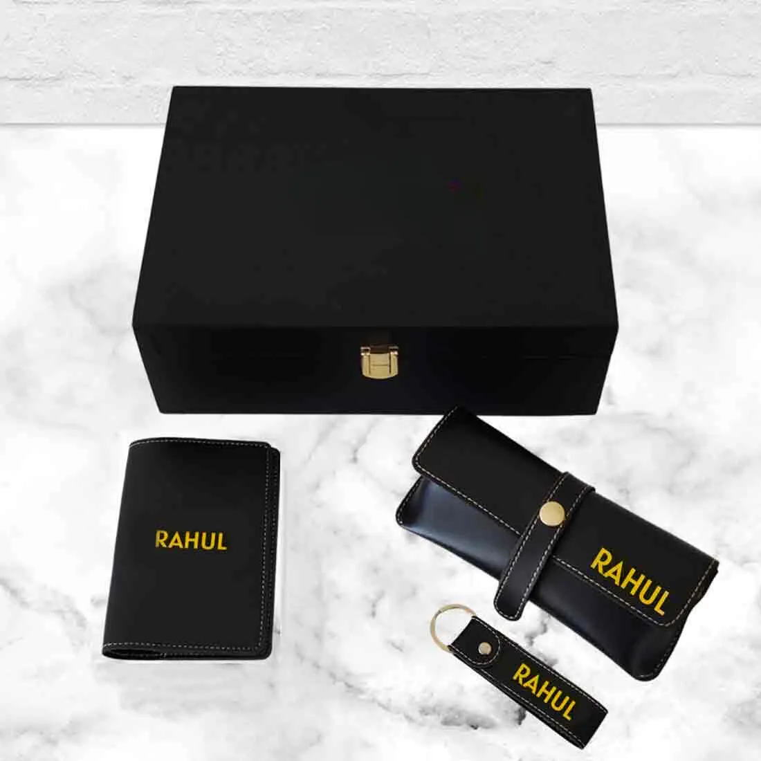 Customized Gift Box with Passport Cover Custom Keychains and Specs Sunglass Holder Cover