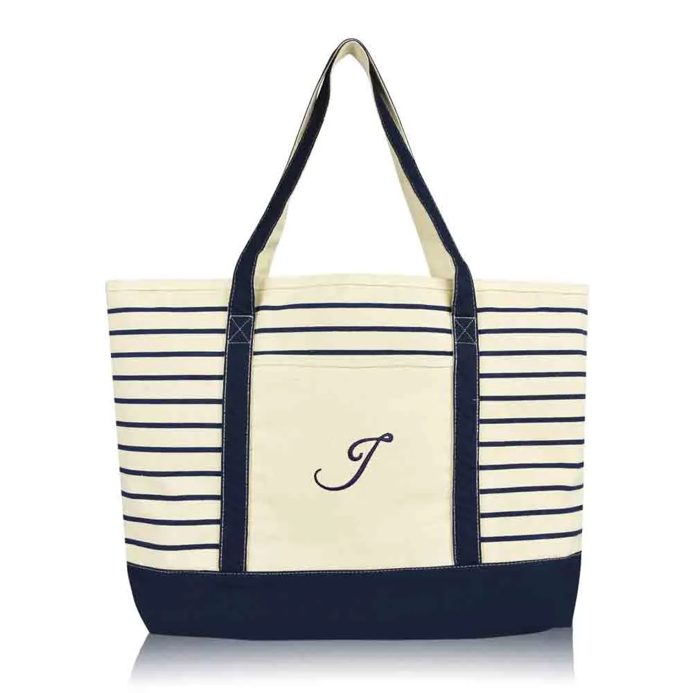 Dalix Striped J-Initial Tote Bag Womens Ballent Letter J