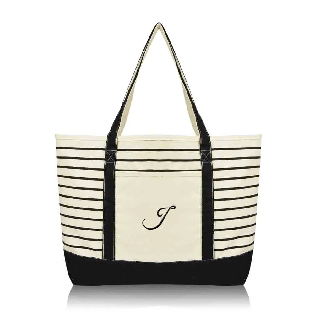 Dalix Striped J-Initial Tote Bag Womens Ballent Letter J