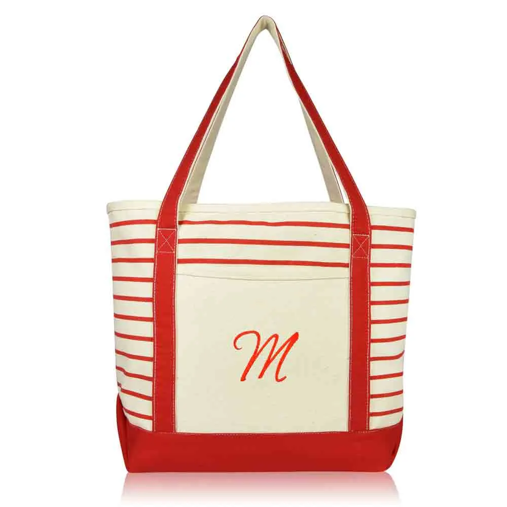 Dalix Striped M-Initial Tote Bag Womens Ballent Letter M