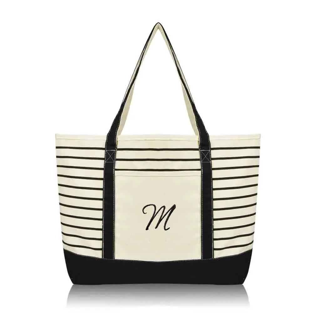 Dalix Striped M-Initial Tote Bag Womens Ballent Letter M