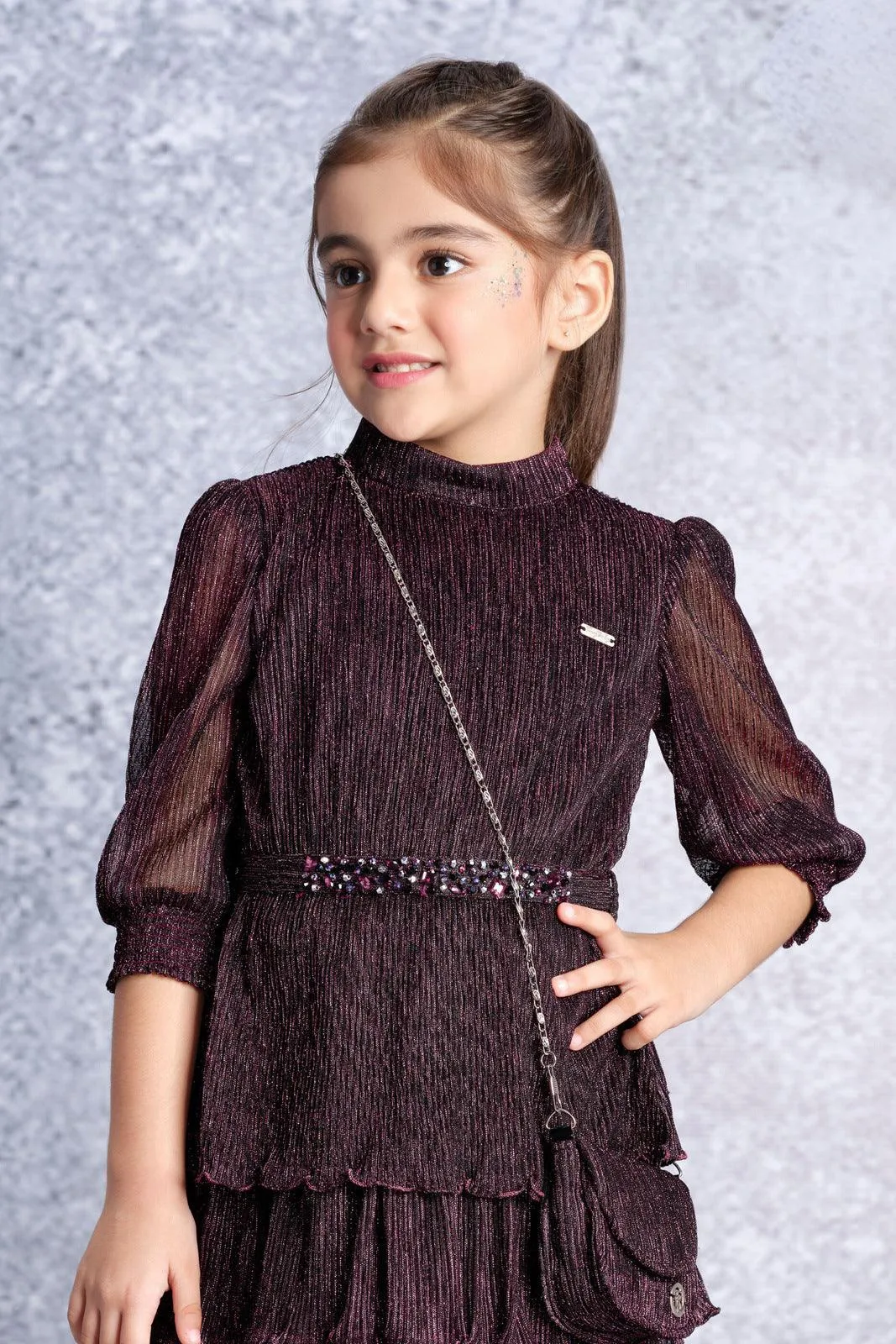 Dark Wine Zari work Short Frock For Girls with Belt and Bag