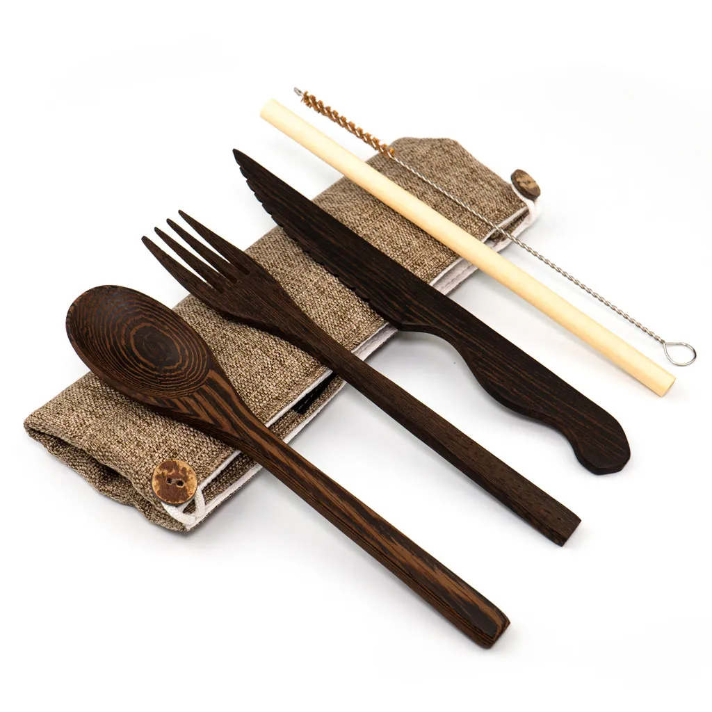 Dark Wood Cutlery Set (Light grey bag)