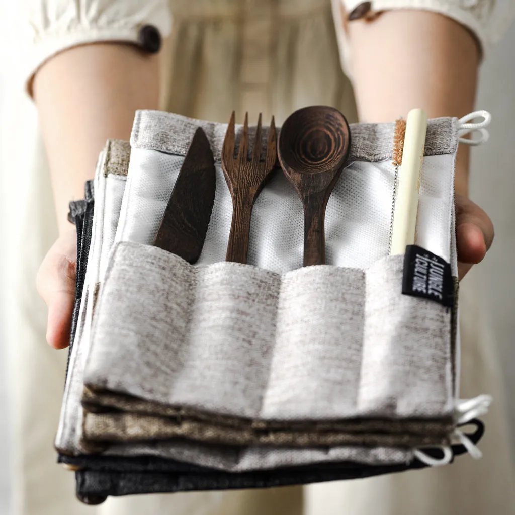 Dark Wood Cutlery Set (Light grey bag)