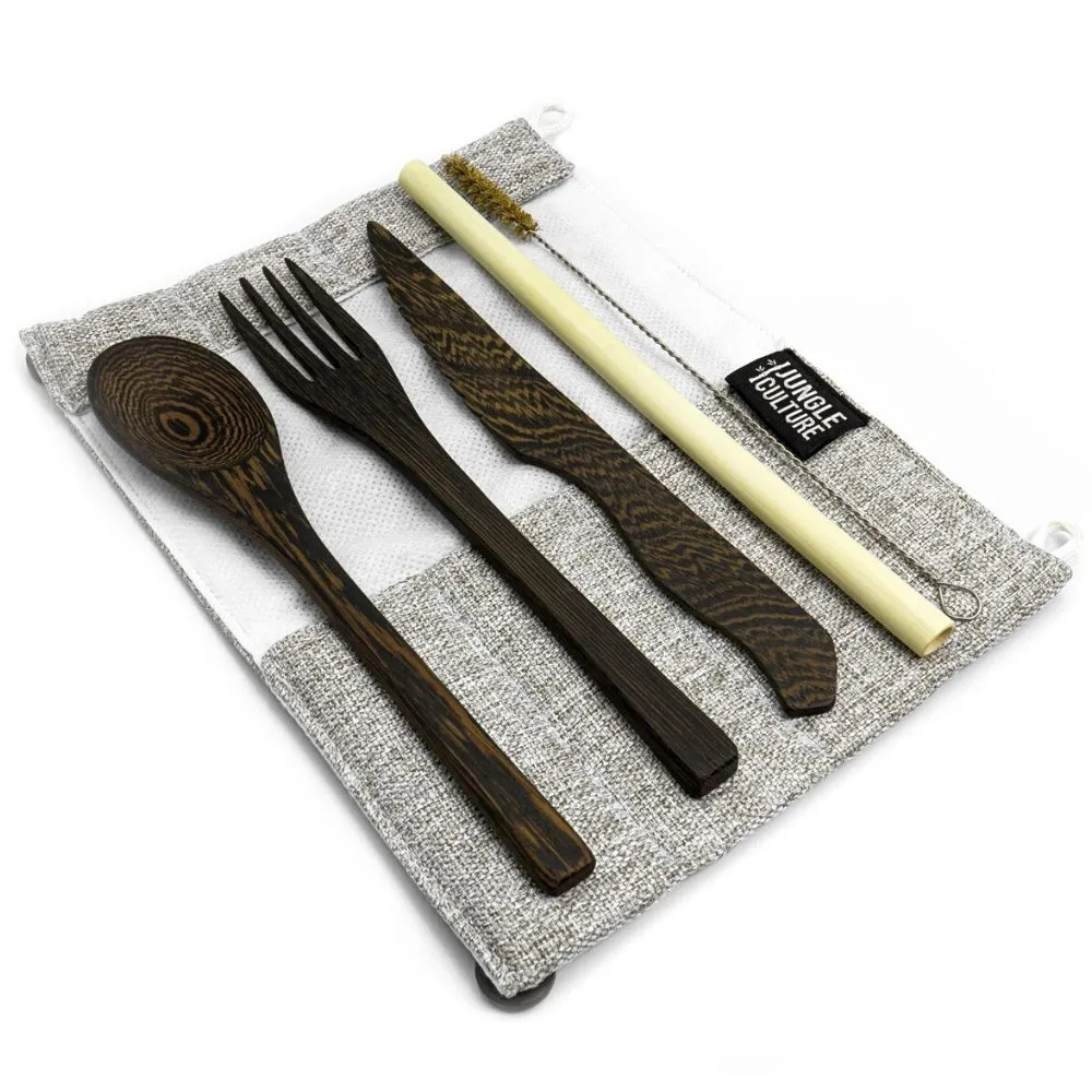 Dark Wood Cutlery Set (Light grey bag)