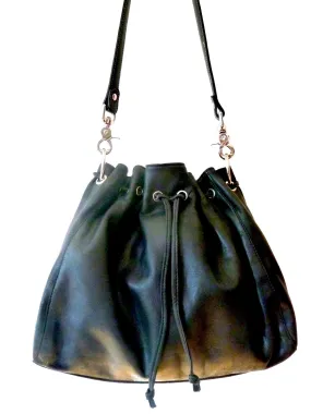 Draw String Hobo Pouch Bag In Black Butter Napa