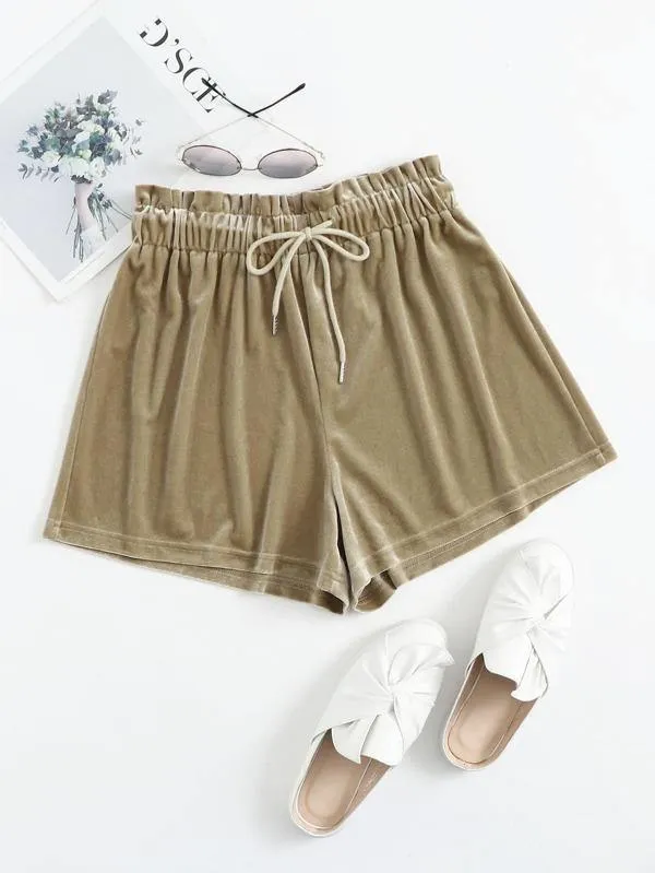 Drawstring Paperbag Waist Velvet Shorts