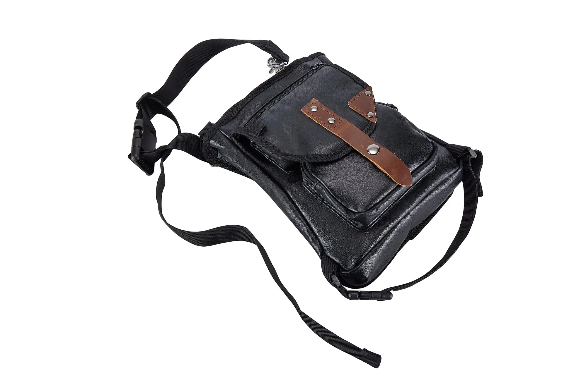 Dream Apparel Black Thigh Bag, Brown Strap, Gun Pocket Leg Bag