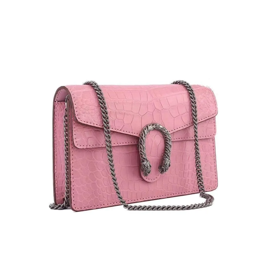 Genuine Crocodile  Leather Flap Cross body Messenger Mini Chain Bag Pink