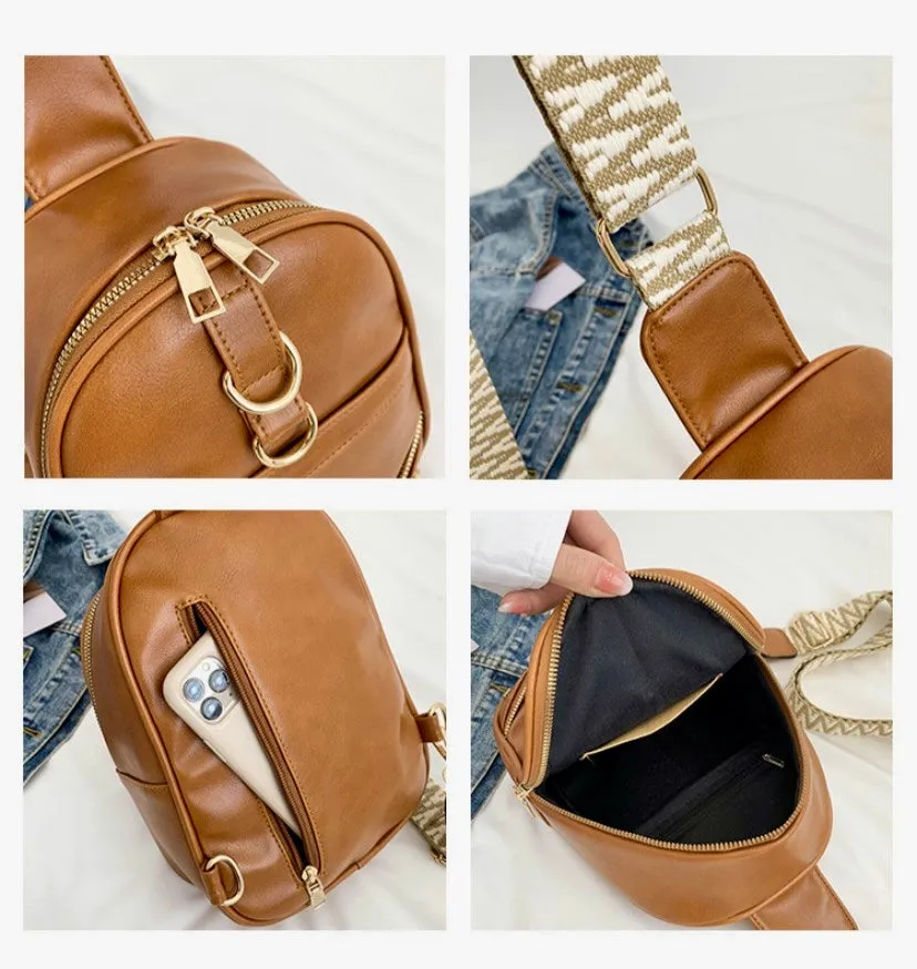 Gold Ring Zipper Sling Fanny Travel Crossbody Bag- Camel