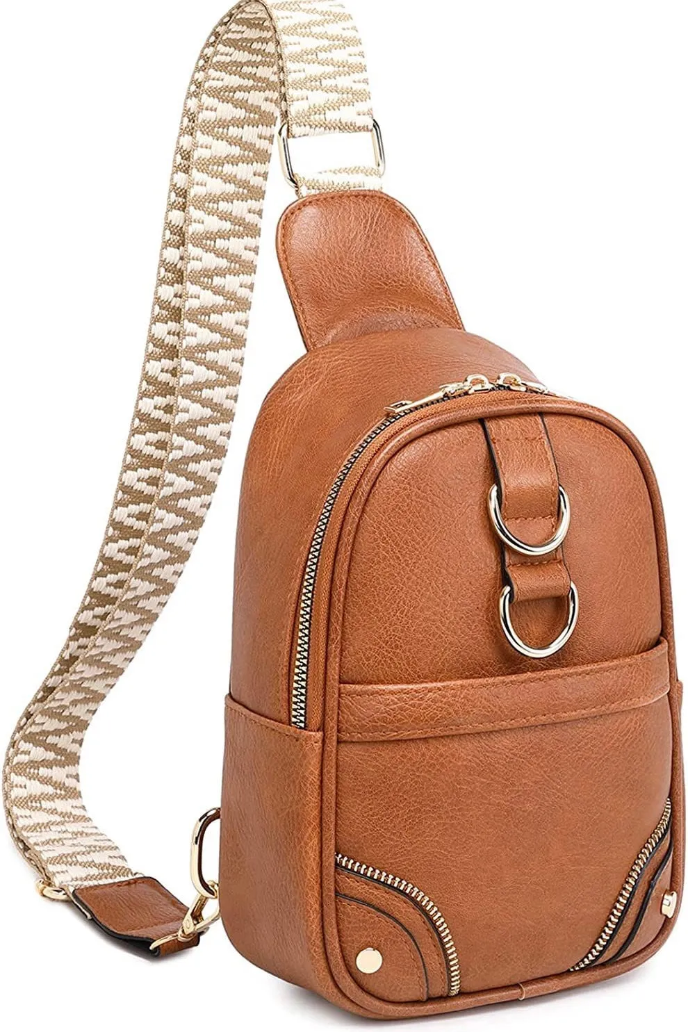 Gold Ring Zipper Sling Fanny Travel Crossbody Bag- Camel