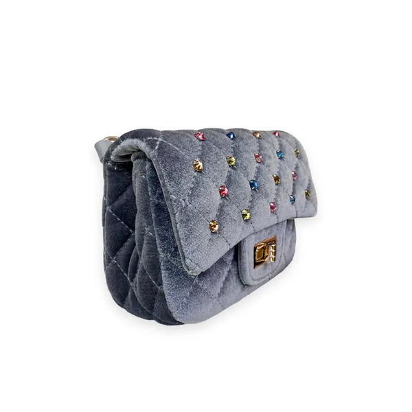 Grey Colorful Gems Velvet Quilted Purse