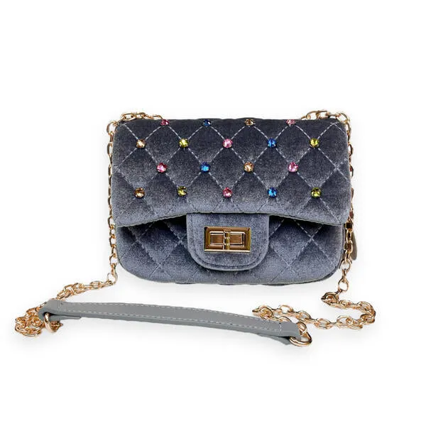 Grey Colorful Gems Velvet Quilted Purse