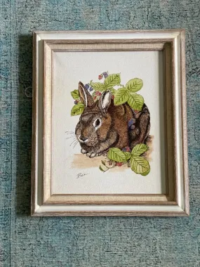 Hand Painted Pen and Ink Signed Bunny Framed Art, Whitewashed Wooden Frame