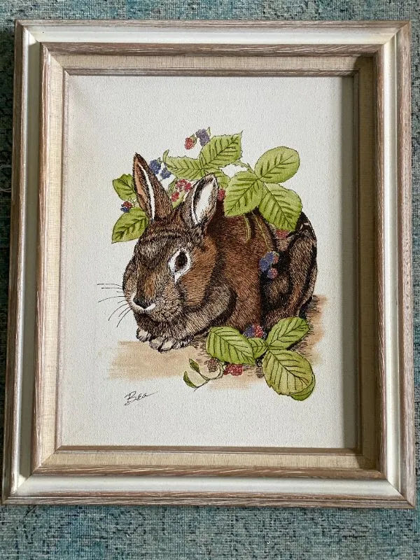 Hand Painted Pen and Ink Signed Bunny Framed Art, Whitewashed Wooden Frame