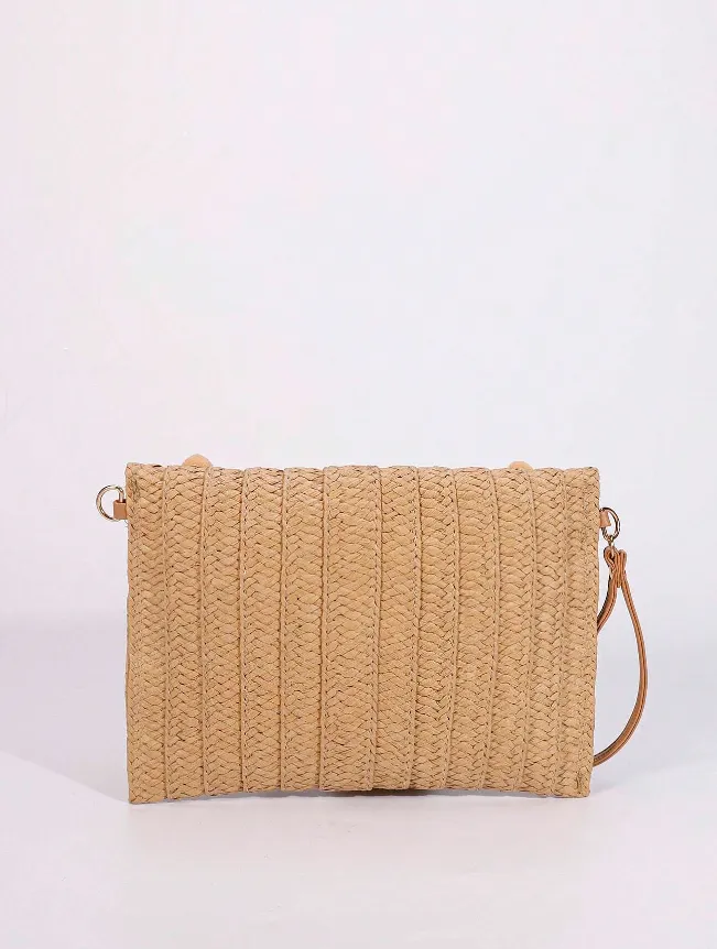 Khaki Pompom Straw Clutch Bag