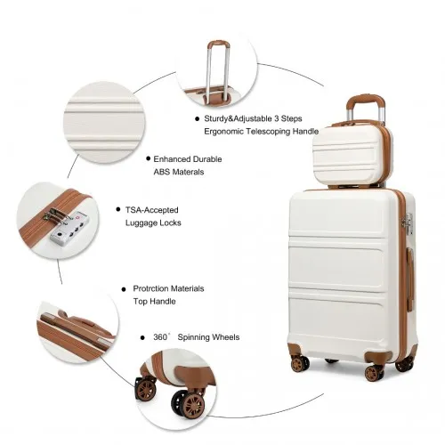 Kono ABS 4 Wheel Suitcase Set with Vanity Case, Weekend Bag & Toiletry Bag - Cream