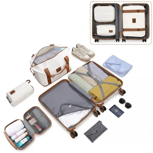 Kono ABS 4 Wheel Suitcase Set with Vanity Case, Weekend Bag & Toiletry Bag - Cream