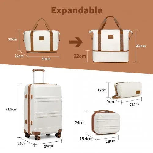 Kono ABS 4 Wheel Suitcase Set with Vanity Case, Weekend Bag & Toiletry Bag - Cream