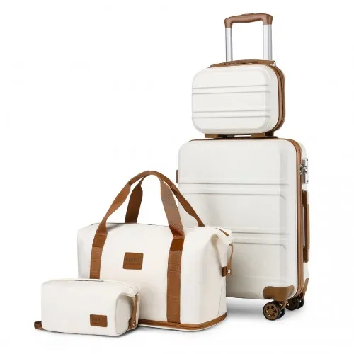 Kono ABS 4 Wheel Suitcase Set with Vanity Case, Weekend Bag & Toiletry Bag - Cream