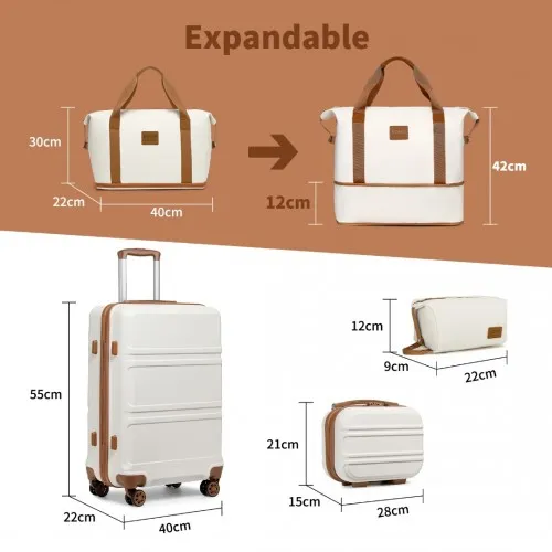 Kono ABS 4 Wheel Suitcase Set with Vanity Case, Weekend Bag & Toiletry Bag - Cream