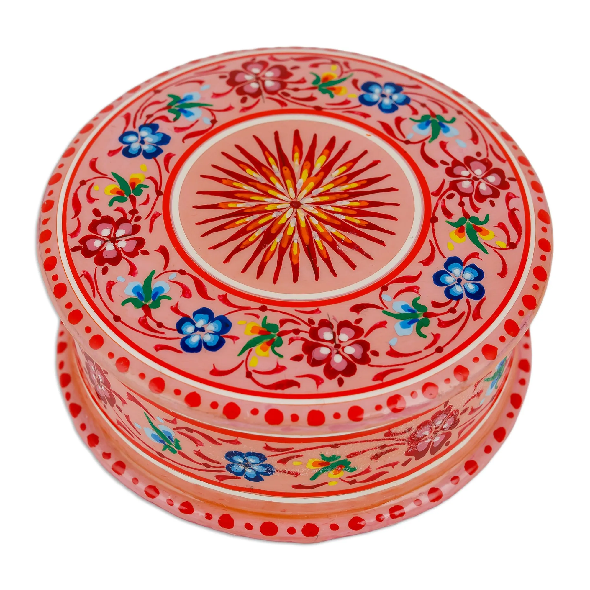 Lacquered Hand-Painted Round Papier Mache Floral Jewelry Box - Blooms in Pink | NOVICA