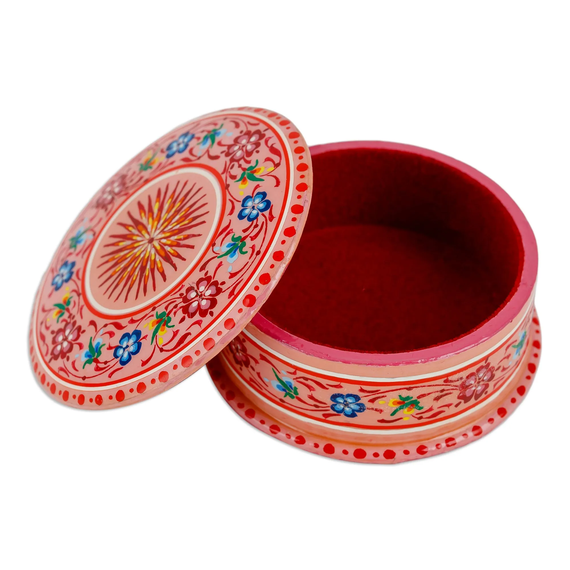 Lacquered Hand-Painted Round Papier Mache Floral Jewelry Box - Blooms in Pink | NOVICA