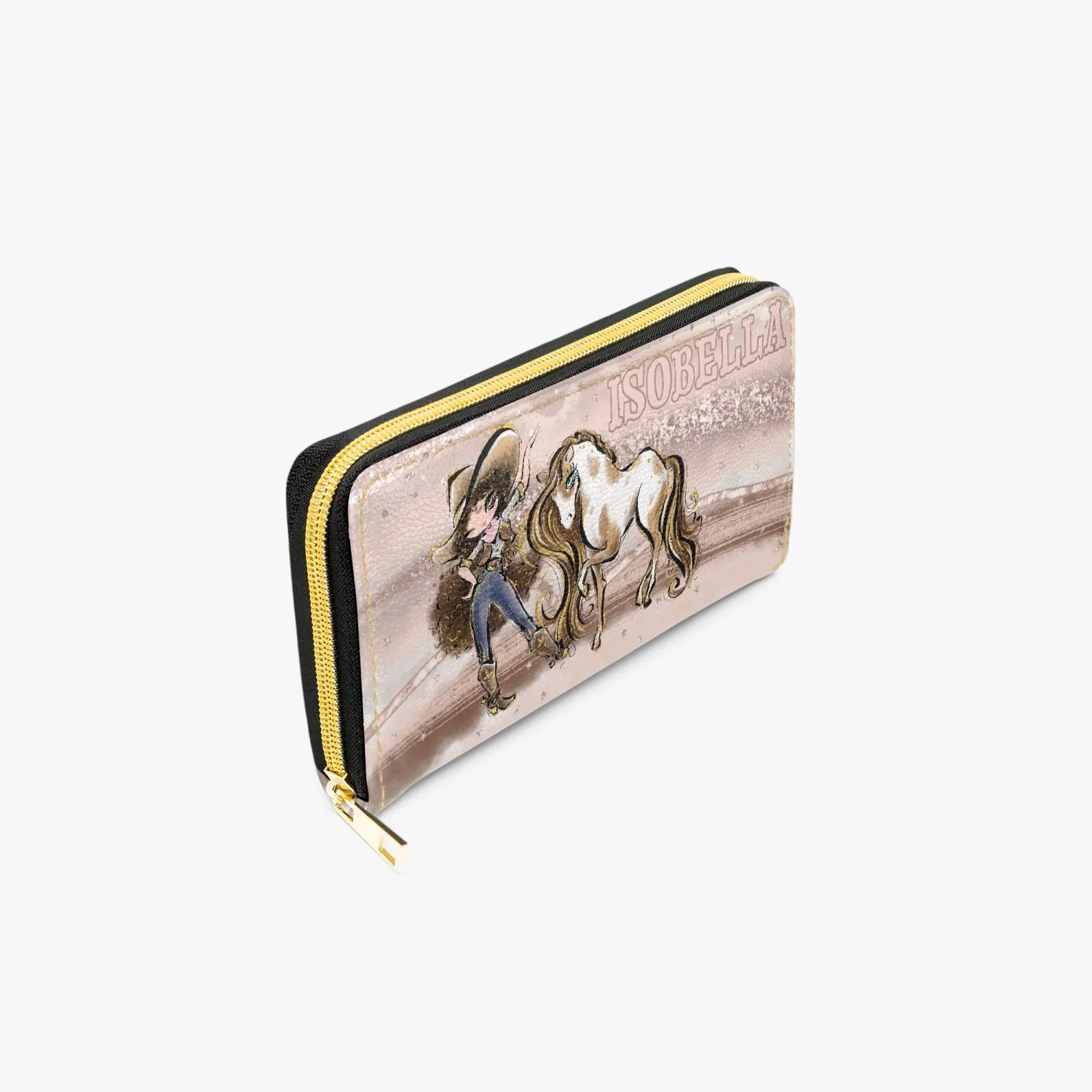 Long Type Zipper Purse, Howdy Cowgirl & Horse, Brunette Curly Hair Brown Eyes, Personalised