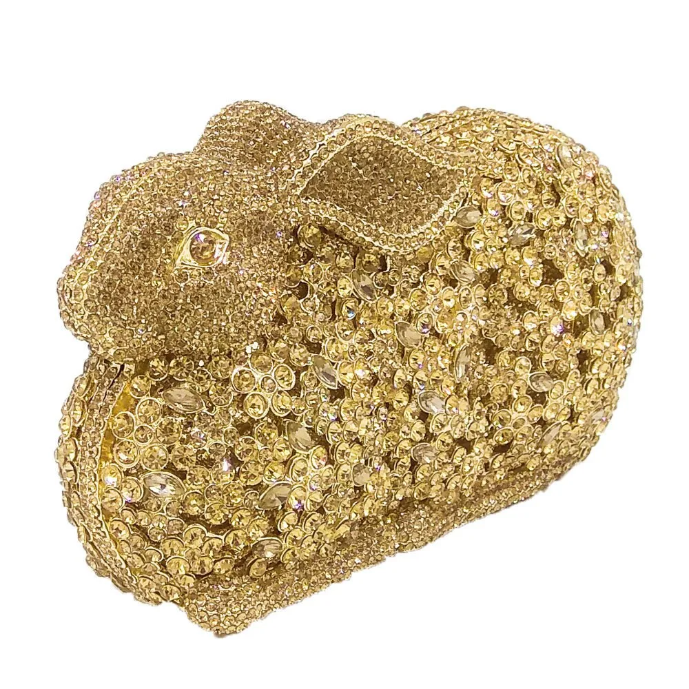 Luxury Rabbit Shape Crystal Studded Metal Clutch Bag