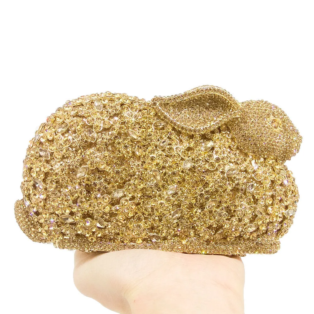 Luxury Rabbit Shape Crystal Studded Metal Clutch Bag