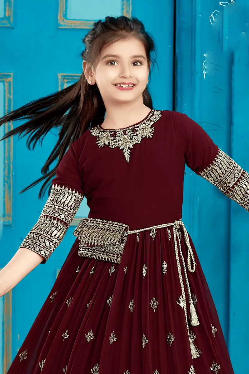 Maroon Sequins, Stone and Zari work Long Party Gown for Girls with Matching Designer Bag