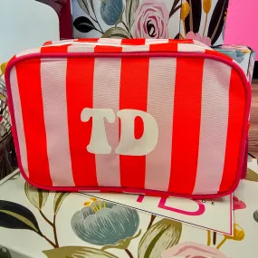 Monogrammed Pink & Red Striped Makeup Bag