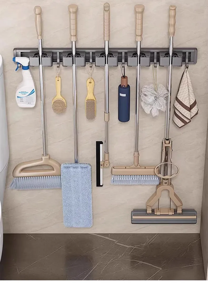 Mop and Broom Organizer Mop Holder Rack Mop Holder Wall Mounted Strong Broom Mop Holder Self With 5 Hooks Organizers Hang Broom