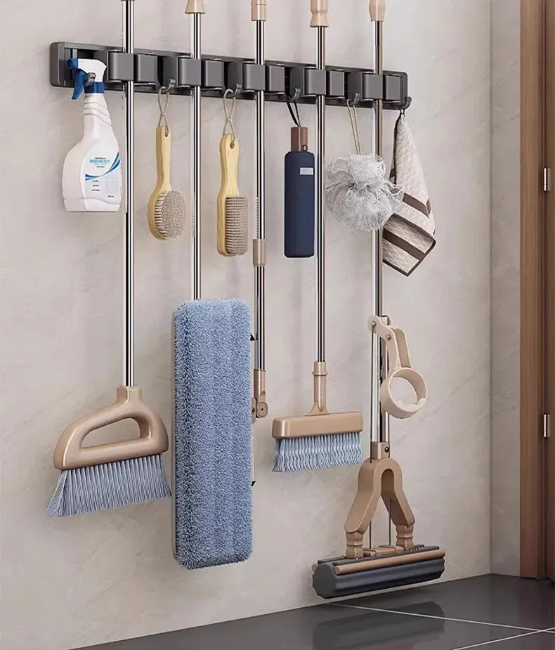 Mop and Broom Organizer Mop Holder Rack Mop Holder Wall Mounted Strong Broom Mop Holder Self With 5 Hooks Organizers Hang Broom