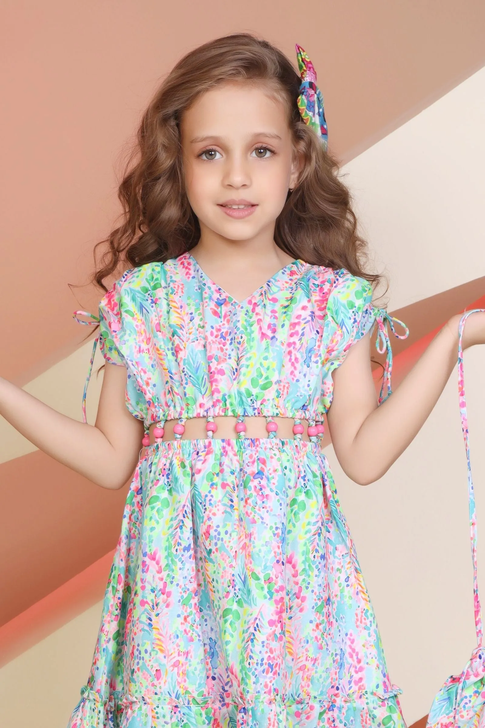 Multicolor Digital Print Kaftan Styled Short Frock for Girls