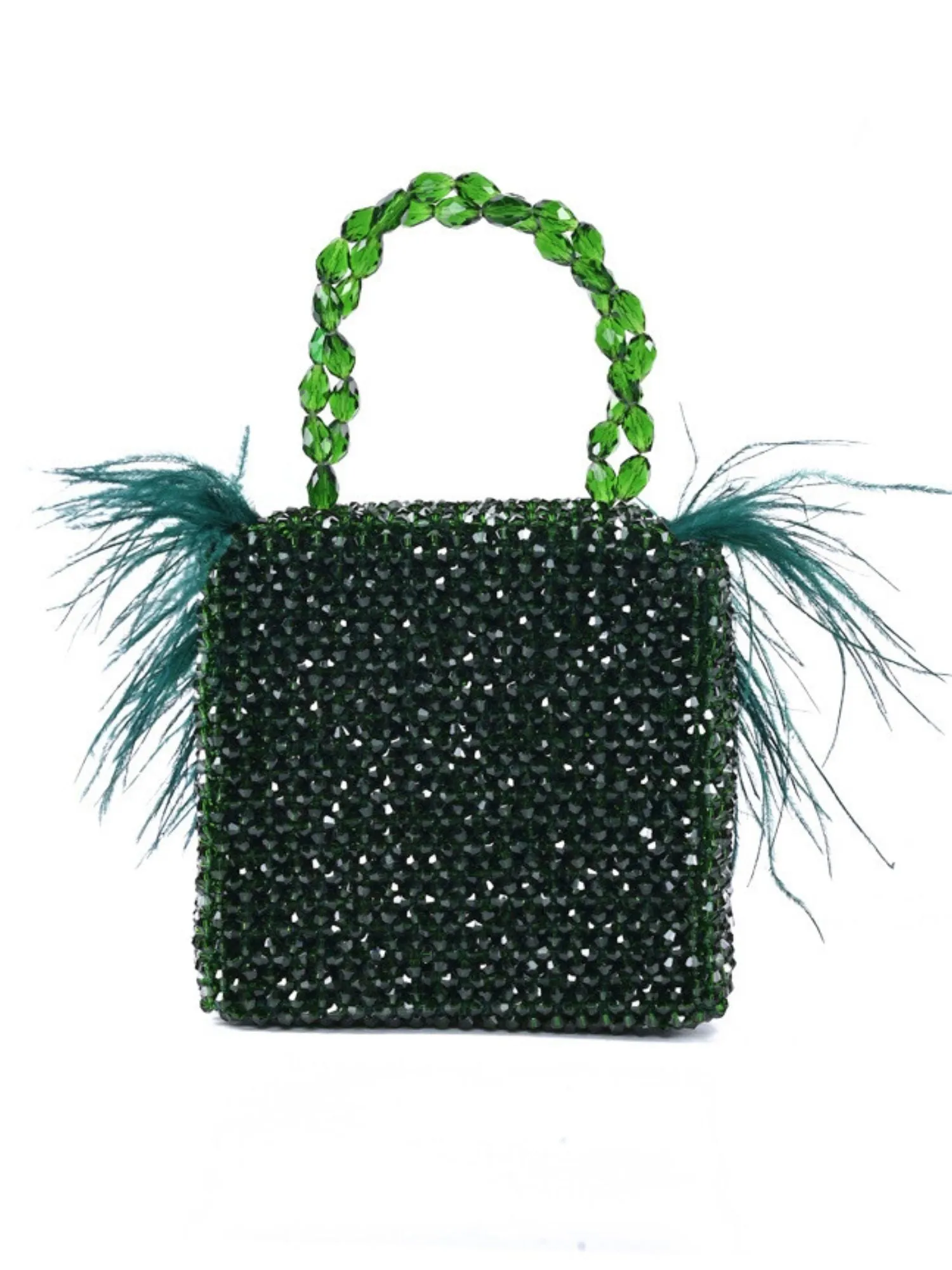 Natali Green Embellished Mini Bag With Feathers