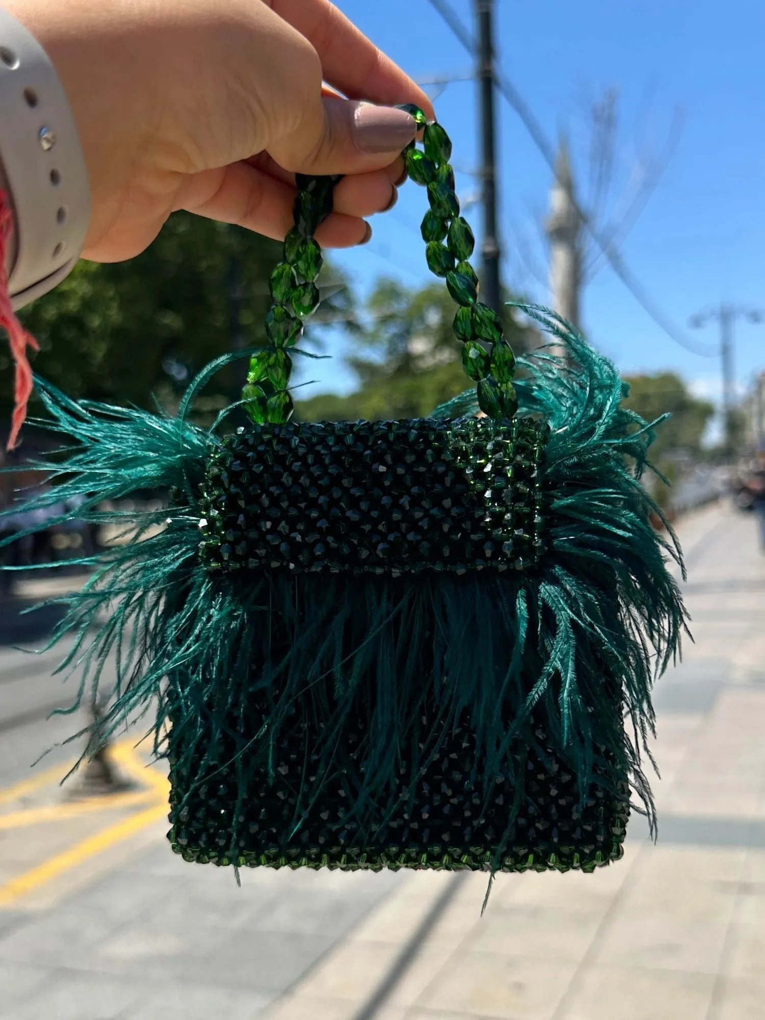 Natali Green Embellished Mini Bag With Feathers