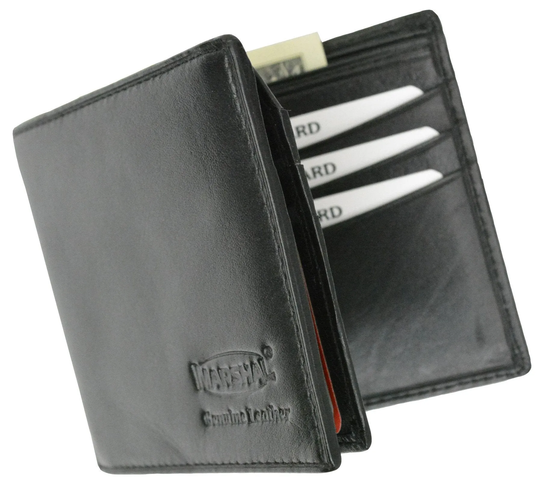 New Genuine Leather Mens Bifold Wallet with Fixed Flip up ID Window with Logo 600 053 BK LOGO