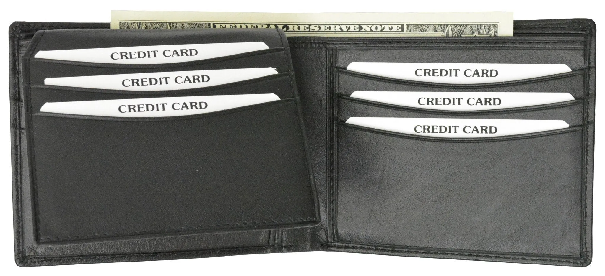 New Genuine Leather Mens Bifold Wallet with Fixed Flip up ID Window with Logo 600 053 BK LOGO