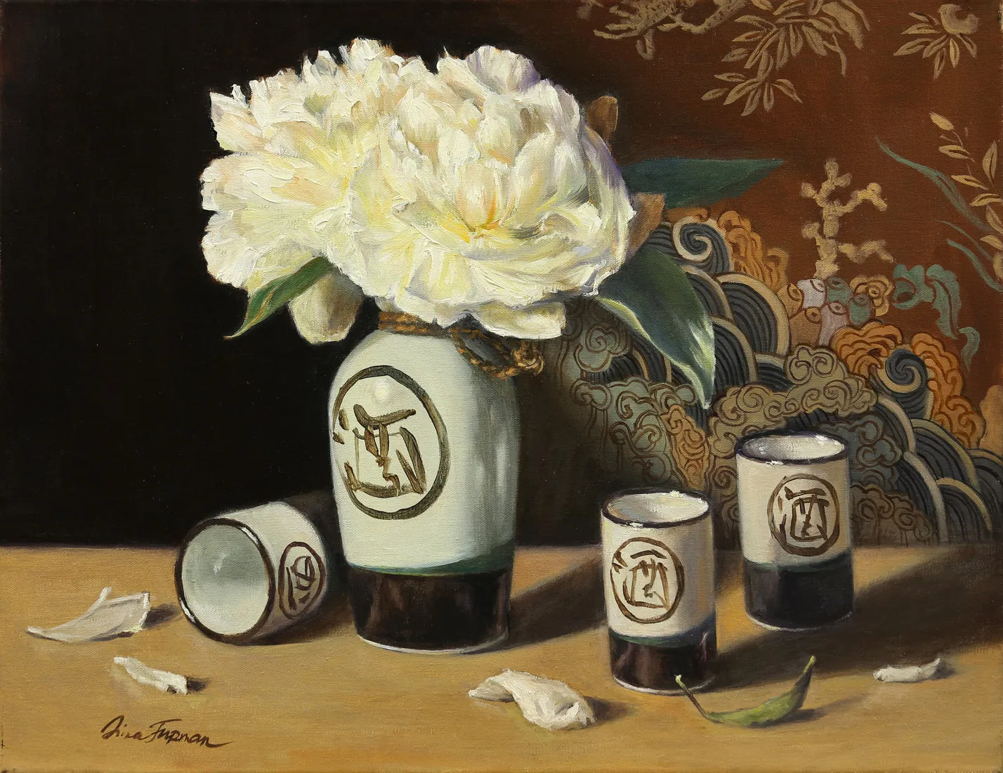 Peonies with a Sake Set - Irina Furman